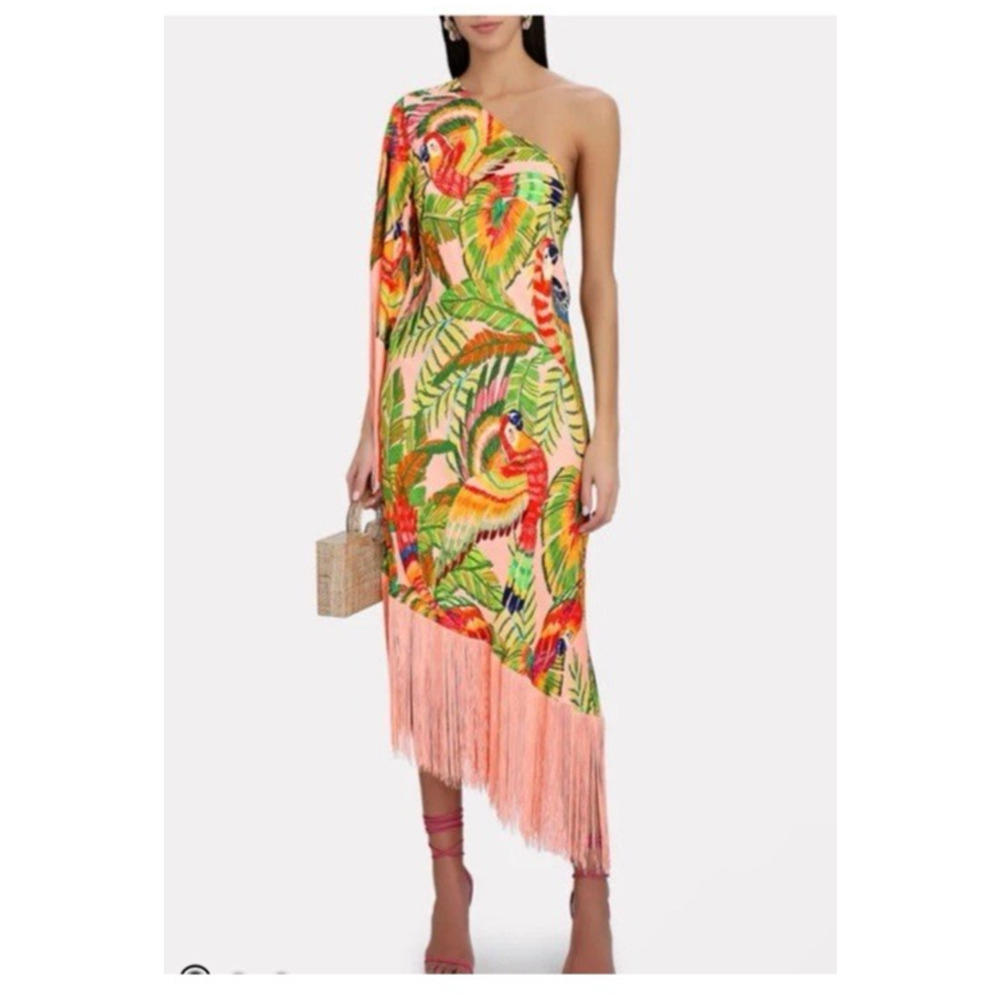 FARM Rio One-Shoulder Pink Tropical Parrot Fringe Midi Dress S Vacation Cruise - Picture 3 of 12